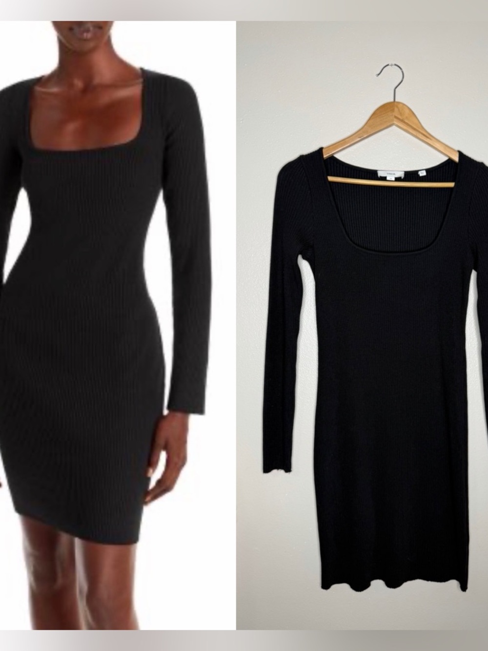 Vince | Square Neck‎ Ribbed Bodycon Midi Dress, Black, Small